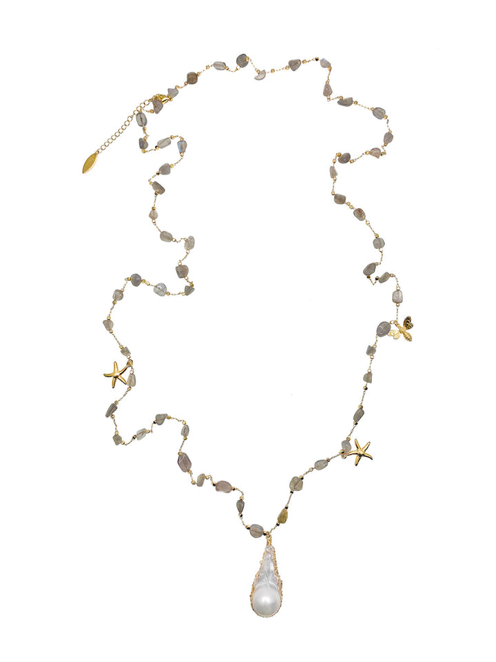 Labradorite Stones With Baroque Pearl Multi-way Necklace GN039 - FARRA