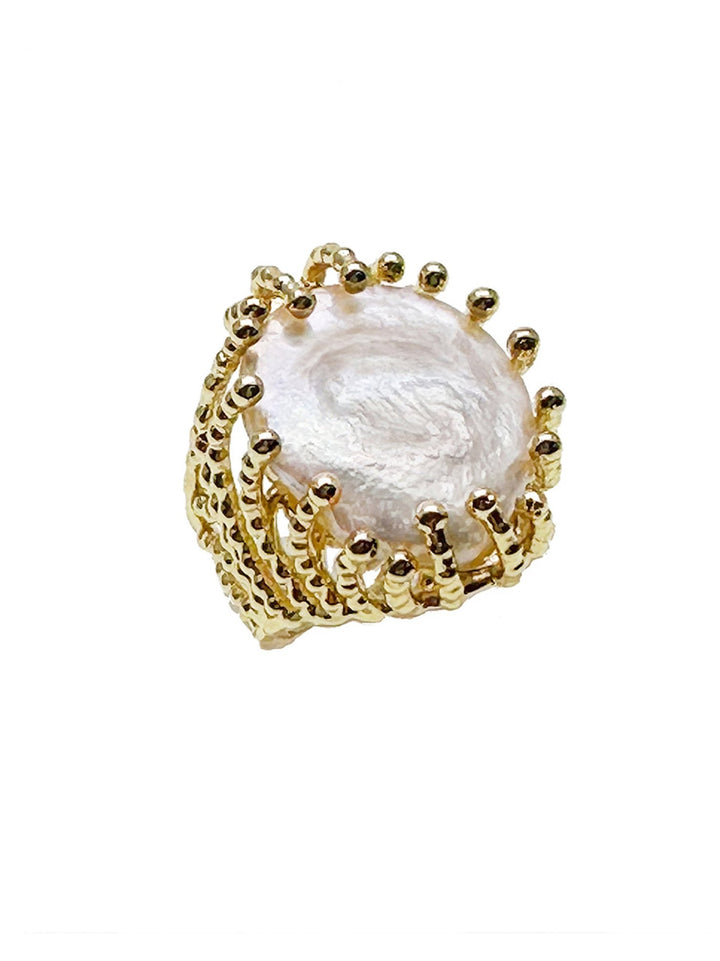 Coin Shaped Freshwater Pearl Open Ring KR001 - FARRA
