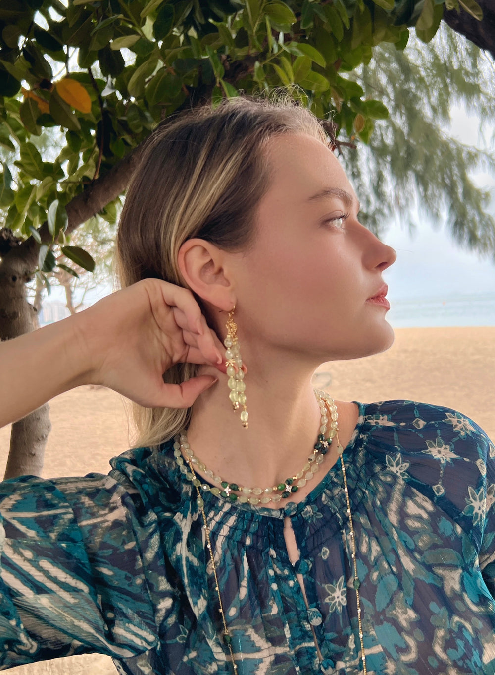 Prehnite with Zircon Stones Double Layers Collar Necklace LN051 - FARRA