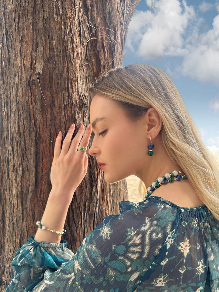 Heart-Shaped Lapis with Round Malachite Earrings LE032 - FARRA