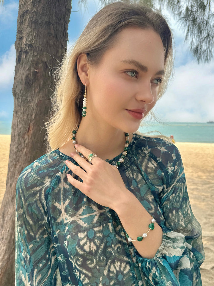 Heart Green Malachite with Gray Freshwater Pearls Bracelet LB013 - FARRA