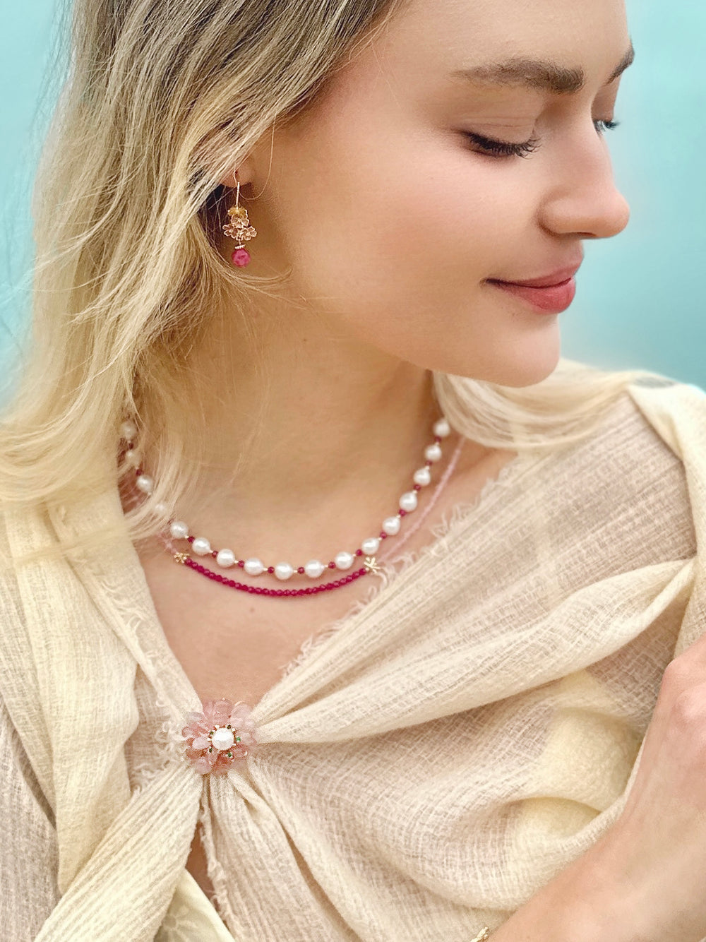 Flower Shaped Rose Quartz Brooch LP002 - FARRA