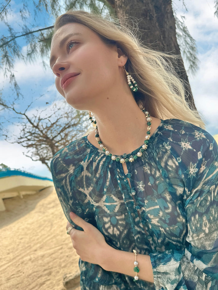 Handcrafted Teardrop Freshwater Pearls With Malachite Earrings LE028 - FARRA