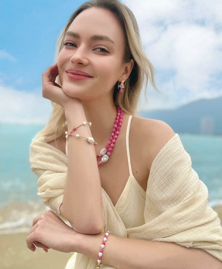 Freshwater Pearls and Pink Rhodochrosite Adjustable Bracelet LB002 - FARRA