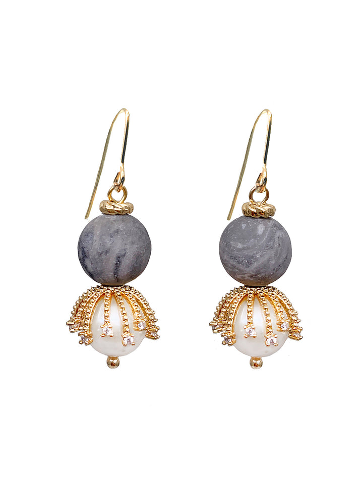 Picasso Jasper With Freshwater Pearls Dangle Earrings HE015 - FARRA
