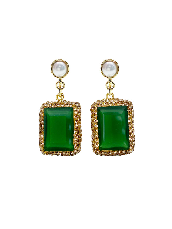 Rectangle Shaped Green Jade Rhinestone Clip-on Earrings HE005 - FARRA