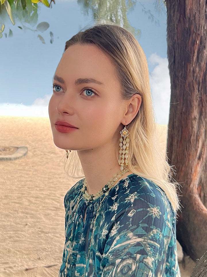 Bohemian Flower Frame with Prehnite Beaded Tassel Earrings LE033 - FARRA