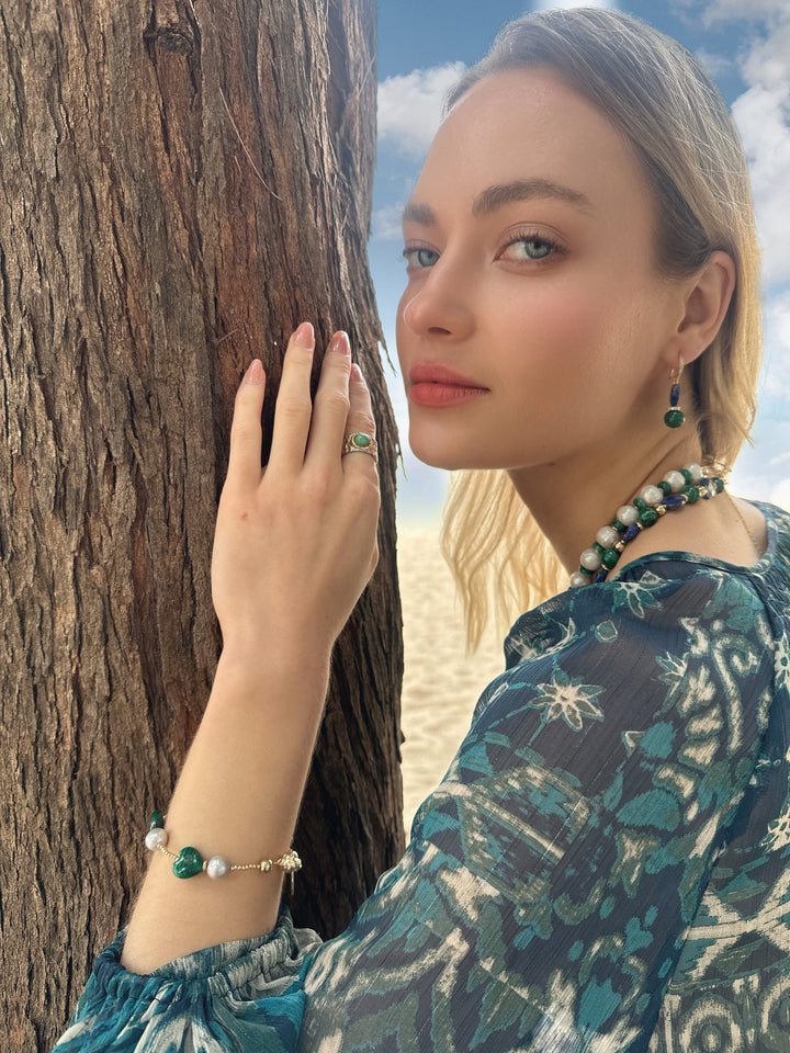 Heart Green Malachite with Gray Freshwater Pearls Bracelet LB013 - FARRA