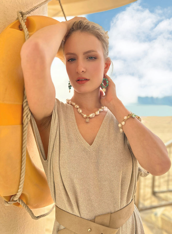Baroque Pearls with Turquoise Double Layers Bracelet/ Choker JB019 - FARRA