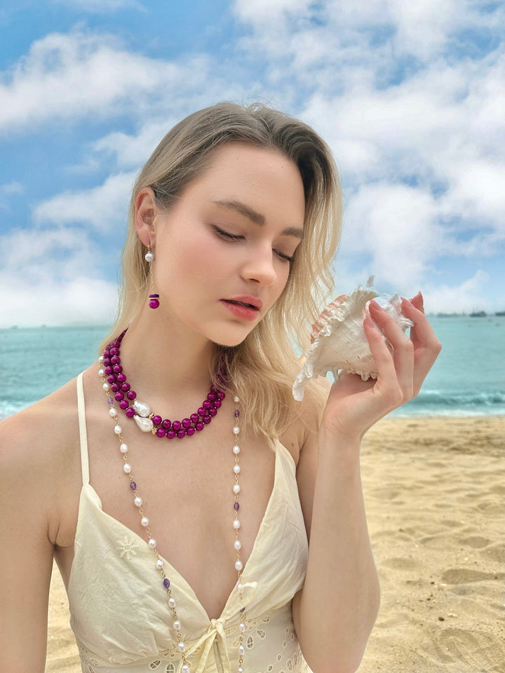 Freshwater Pearls With Purple Amethyst Long Necklace LN022 - FARRA