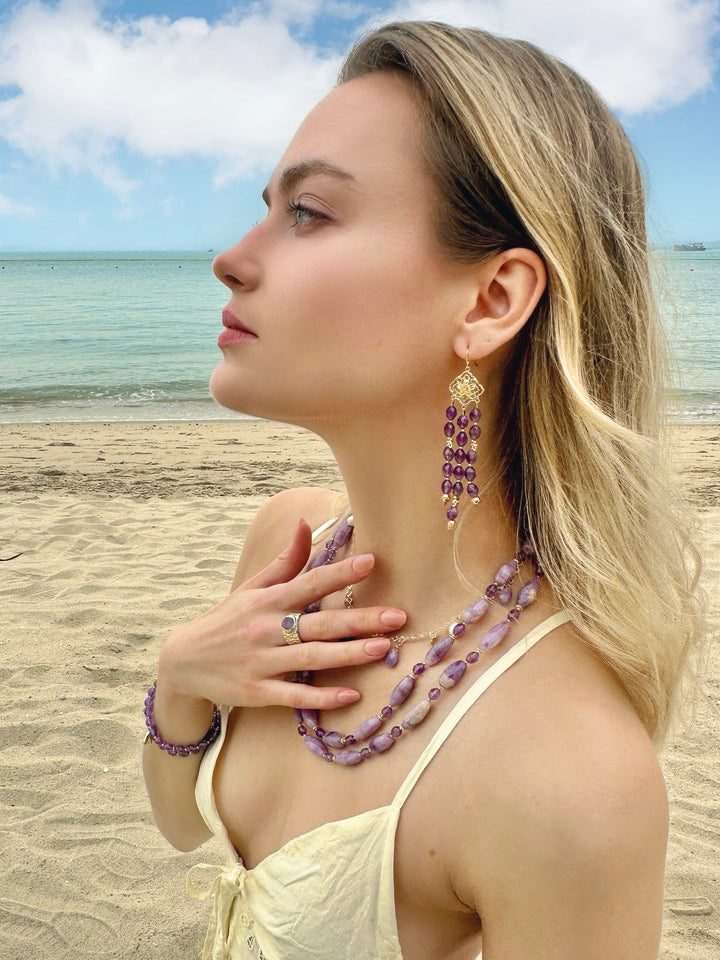Bohemian Amethyst Beaded Tassel Earrings LE011 - FARRA