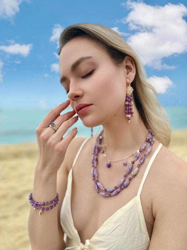 Bohemian Amethyst Beaded Tassel Earrings LE011 - FARRA