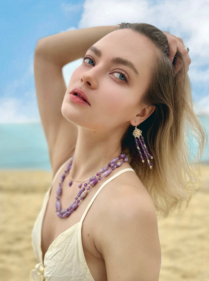 Bohemian Amethyst Beaded Tassel Earrings LE011 - FARRA
