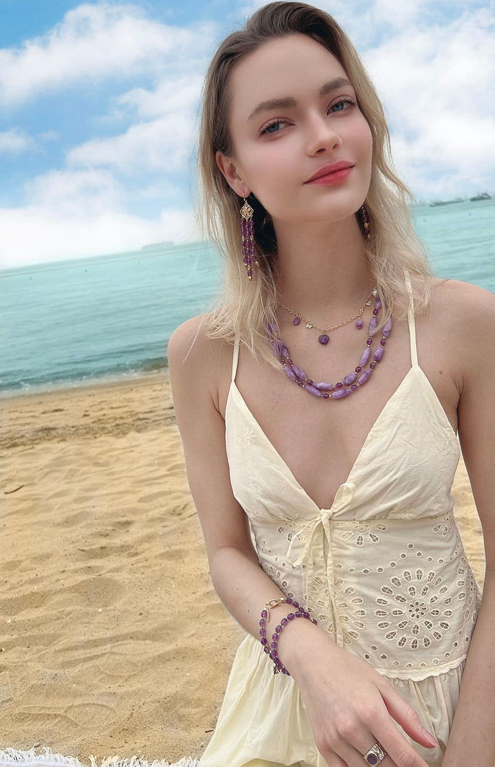 Bohemian Amethyst Beaded Tassel Earrings LE011 - FARRA
