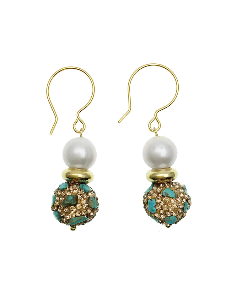 Freshwater Pearl With Rhinestone Turquoise Hook Earrings CE020 - FARRA