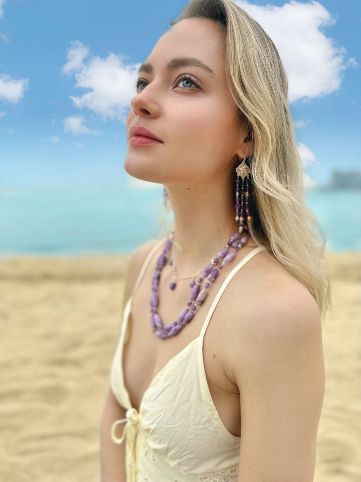 Bohemian Amethyst Beaded Tassel Earrings LE011 - FARRA