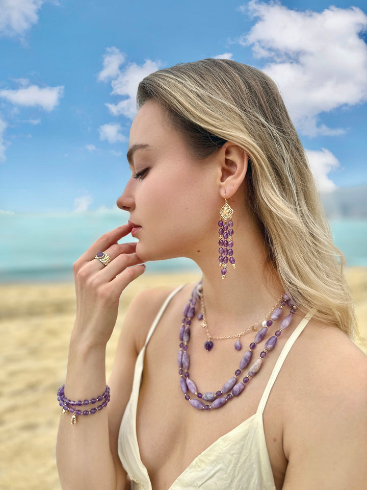Bohemian Amethyst Beaded Tassel Earrings LE011 - FARRA