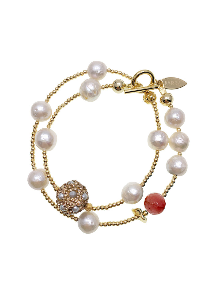 Freshwater Pearls With Watermelon Quartz Double Wrapped Bracelet GB004 - FARRA