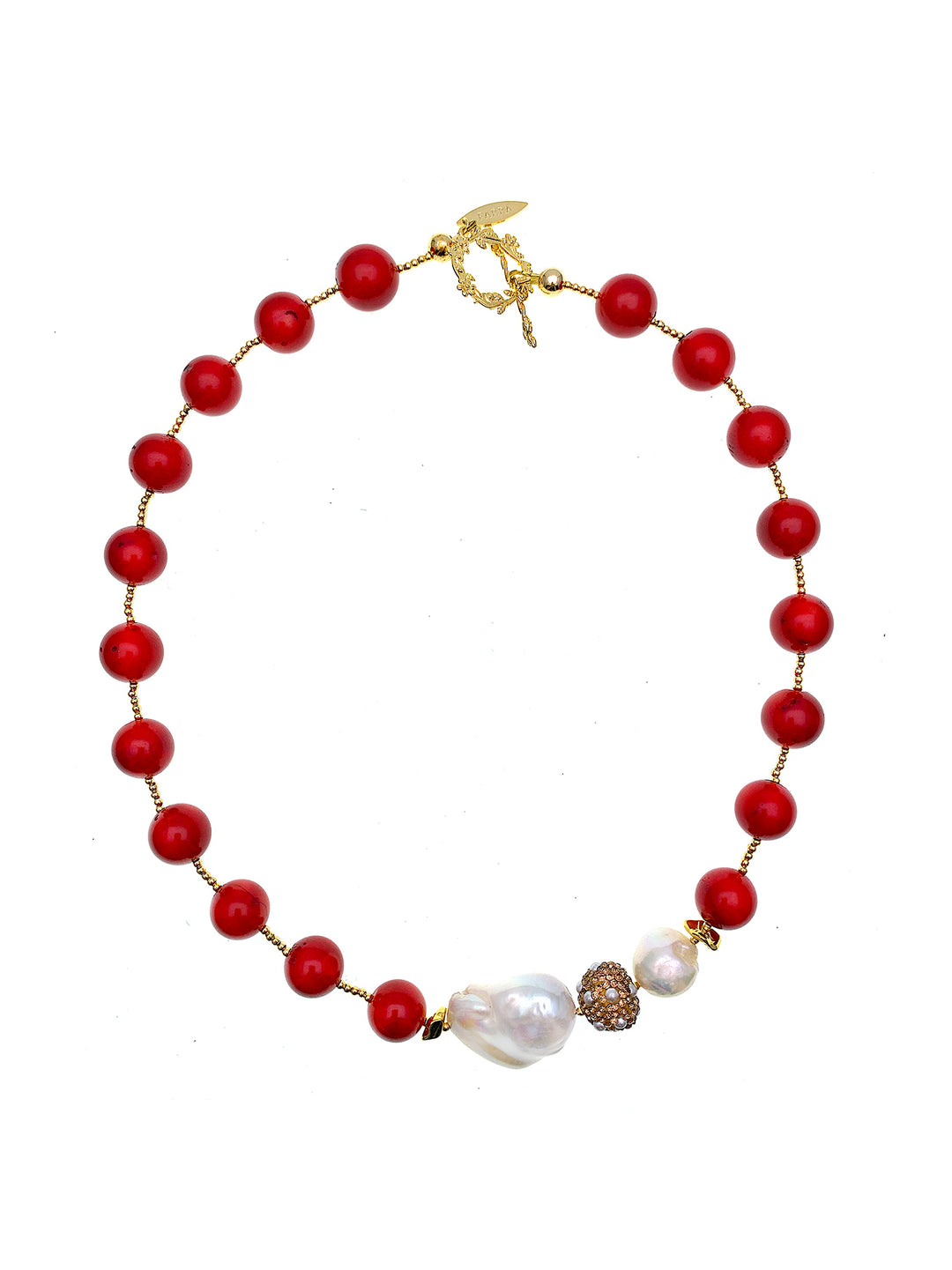 Round Corals With Baroque Pearls & Rhinestone Short Necklace FN005 - FARRA