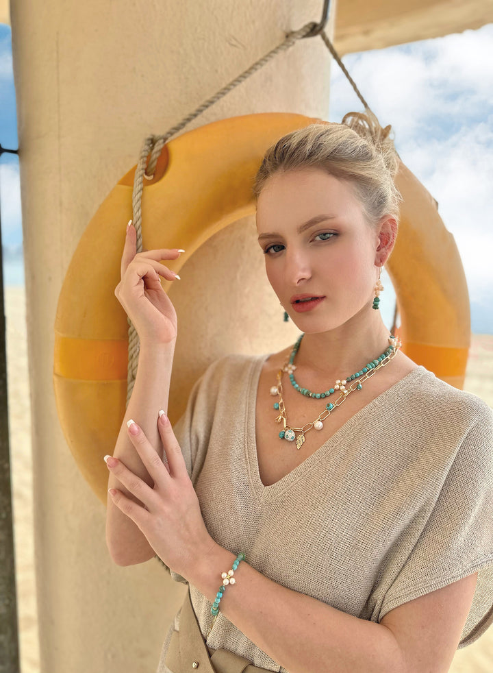 Gold Chain with Turquoise and Pearls Necklace JN053 - FARRA