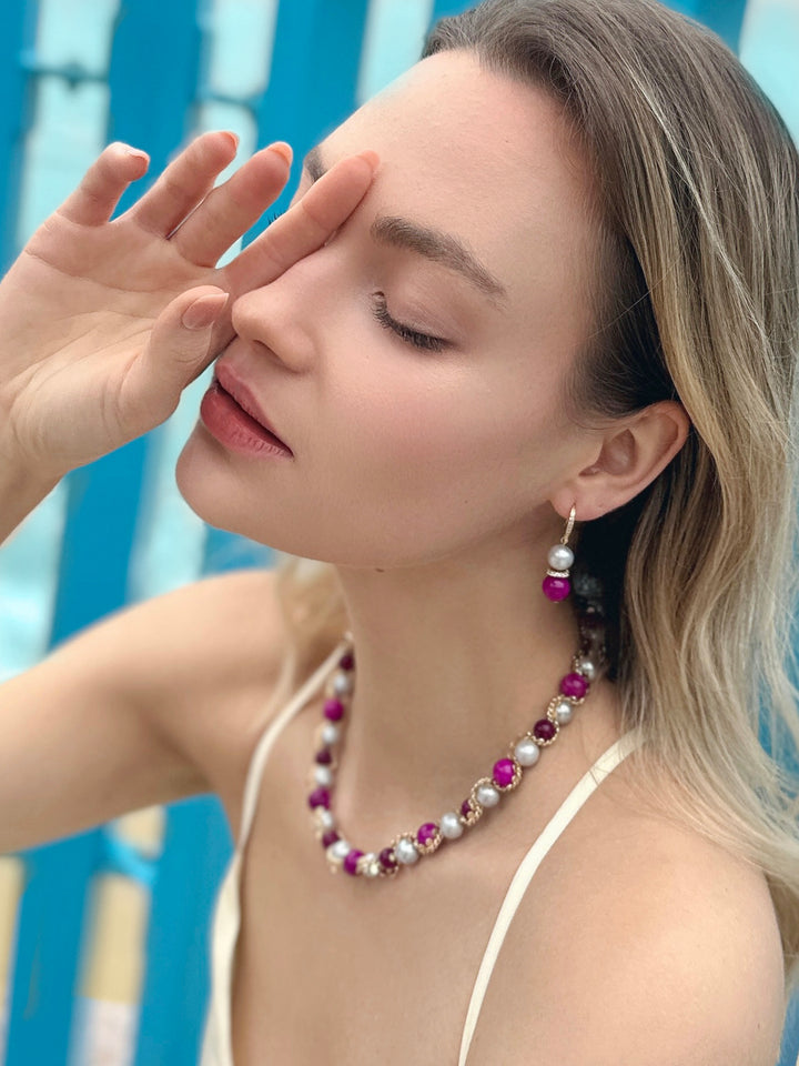 Gray Freshwater Pearls With Magenta Gemstone Statement Necklace LN012 - FARRA