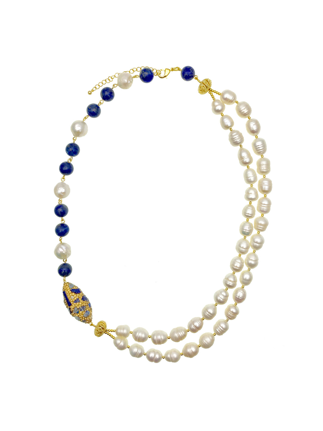 Freshwater Pearls With Lapis Lazuli & Rhinestone Double Strands Necklace AN016 - FARRA