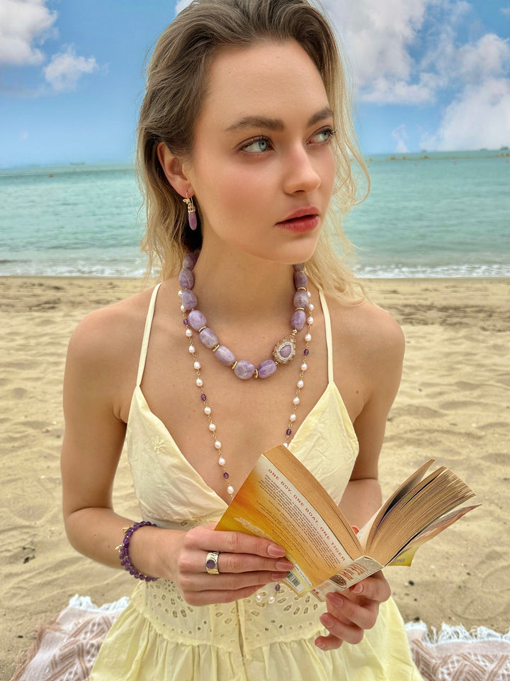 Amethyst With Rhinestone Chunky Statement Necklace LN020 - FARRA