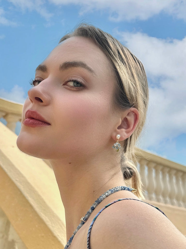 Blue Flower Dangle With Pearls Stud Earrings LE022 - FARRA