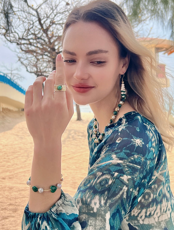 Heart Green Malachite with Gray Freshwater Pearls Bracelet LB013 - FARRA