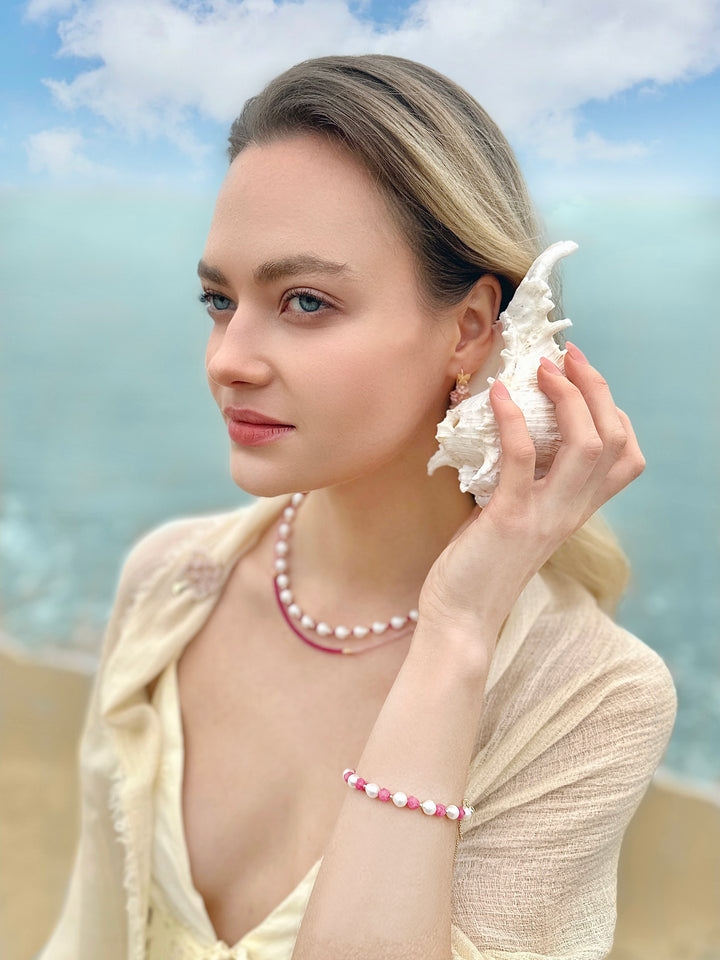 Freshwater Pearls and Pink Rhodochrosite Adjustable Bracelet LB002 - FARRA