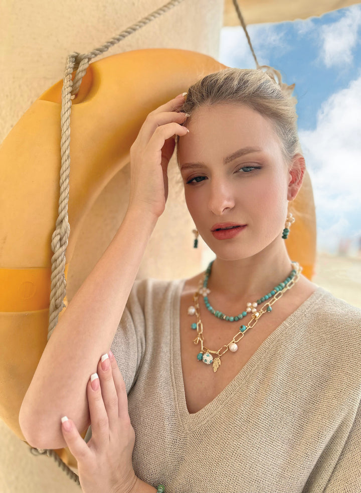 Gold Chain with Turquoise and Pearls Necklace JN053 - FARRA