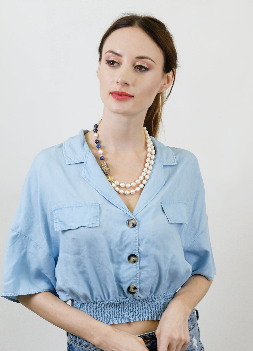 Freshwater Pearls With Lapis Lazuli & Rhinestone Double Strands Necklace AN016 - FARRA