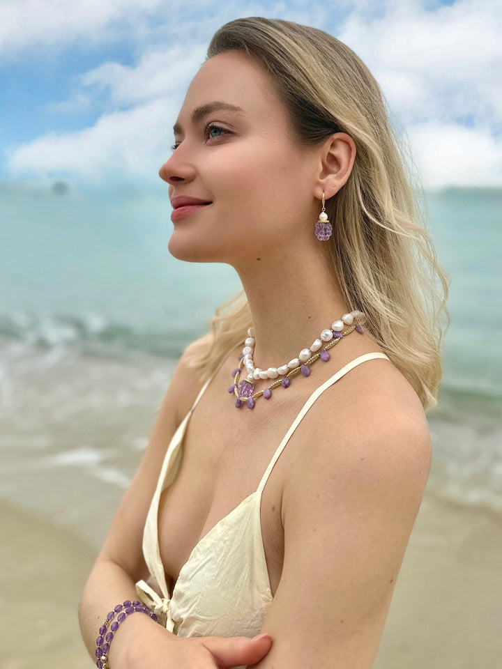 Purple Glass Raspberry with Freshwater Pearls Earrings LE015 - FARRA