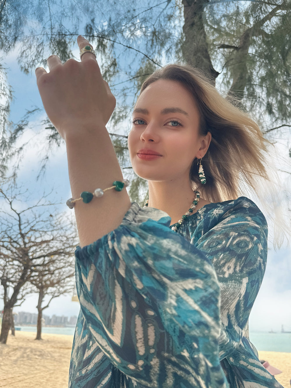 Heart Green Malachite with Gray Freshwater Pearls Bracelet LB013 - FARRA