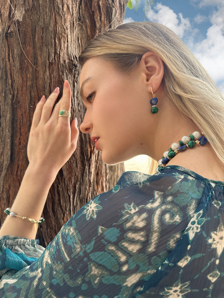 Heart-Shaped Lapis with Round Malachite Earrings LE032 - FARRA