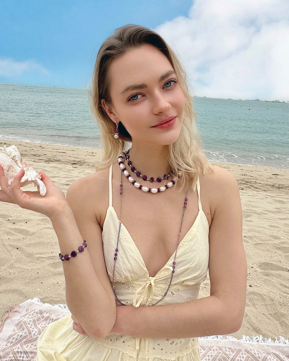 Heart Shaped Amethyst With Gray Freshwater Pearl Earrings LE010 - FARRA