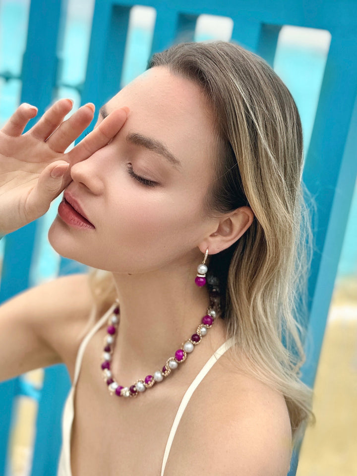 Gray Freshwater Pearls with Magenta Gemstone Earrings LE012 - FARRA