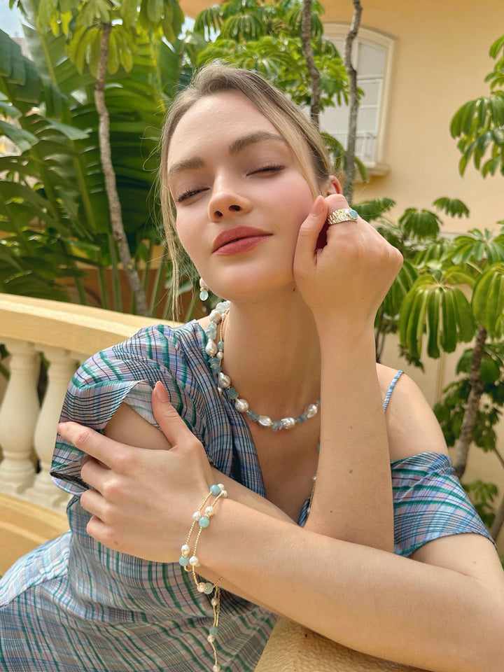 Baroque Pearls with Irregular Aquamarine Statement Necklace LN024 - FARRA