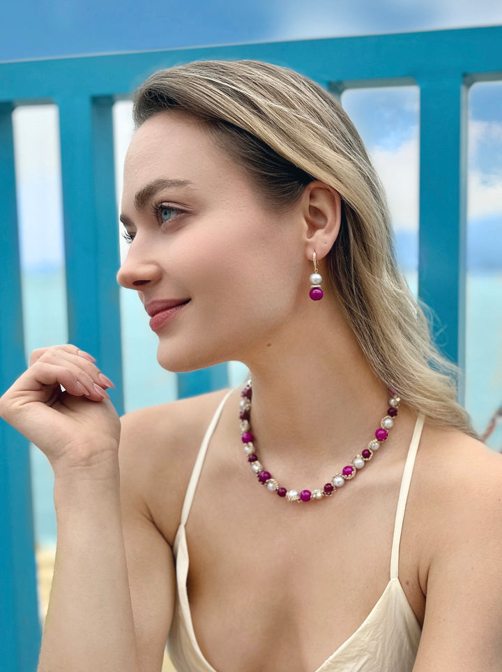 Gray Freshwater Pearls With Magenta Gemstone Statement Necklace LN012 - FARRA