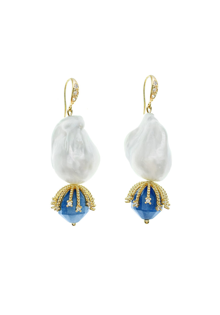Baroque Pearl With Blue Aventurine Dangle Earrings HE004 - FARRA