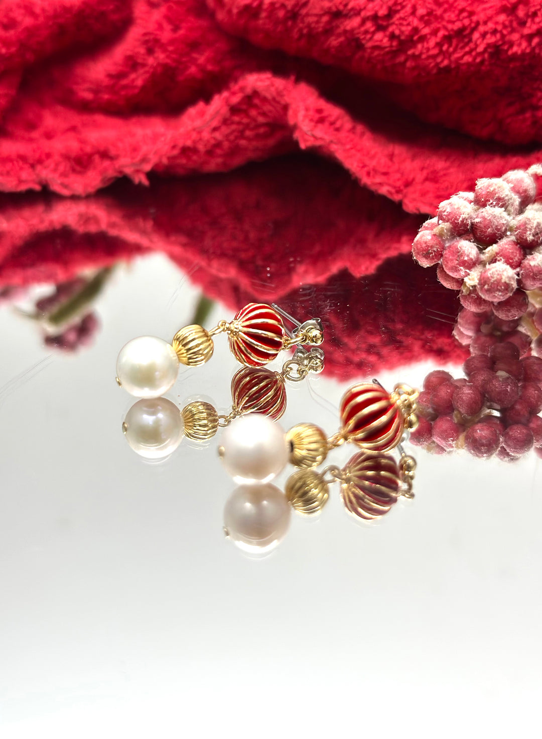 Red Bamboo Coral Freshwater Pearls Dangle Earrings KE031 - FARRA