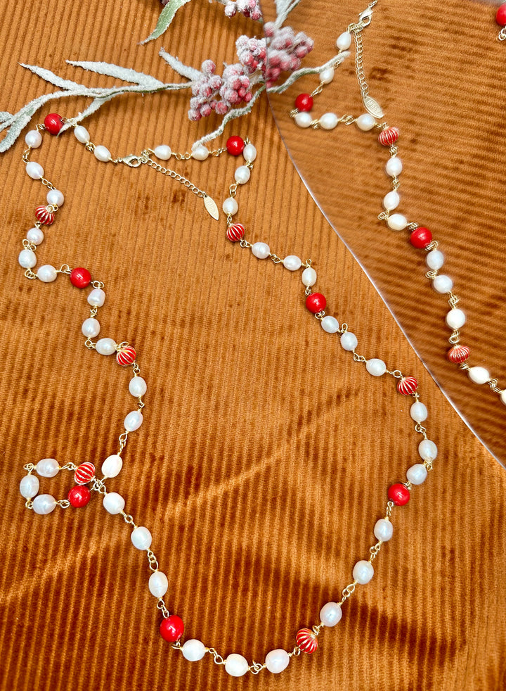 Freshwater Pearls With Red Bamboo Coral Multi-Way Chain Necklace KN049 - FARRA