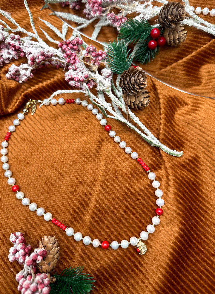 Freshwater Pearls With Red Bamboo Corals Short Necklace KN051 - FARRA