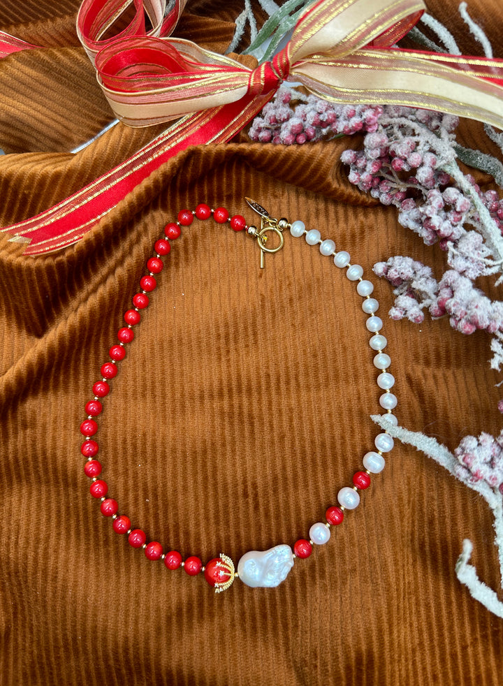 Red Bamboo Coral & Freshwater Pearls Asymmetric Necklace KN052 - FARRA