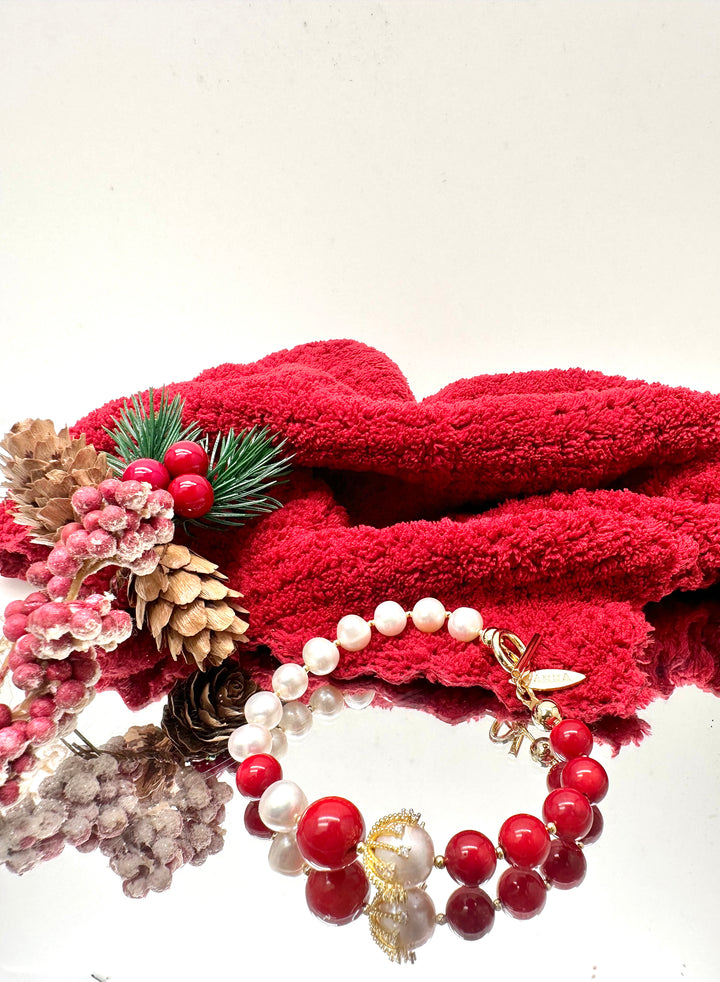 Freshwater Pearls With Red Corals Bracelet KB008 - FARRA