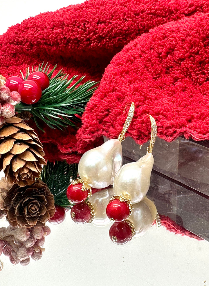 Baroque Pearl With Red Coral Earrings KE029 - FARRA