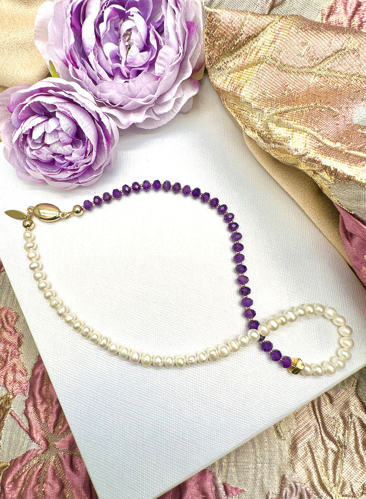 Amethyst & Freshwater Pearls Short Necklace KN043 - FARRA