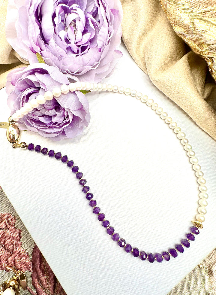 Amethyst & Freshwater Pearls Short Necklace KN043 - FARRA