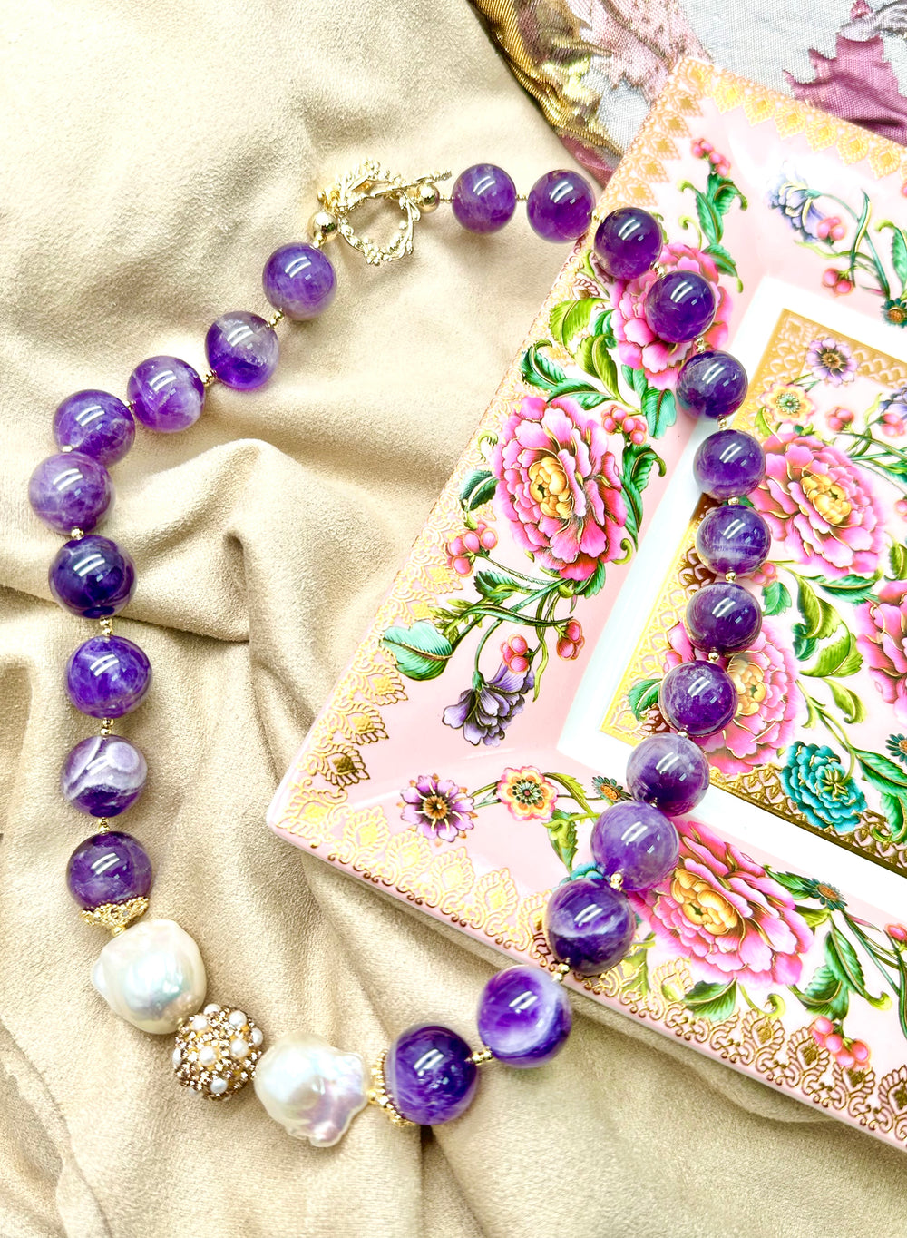 Amethyst With Baroque Pearl Statement Necklace KN046 - FARRA