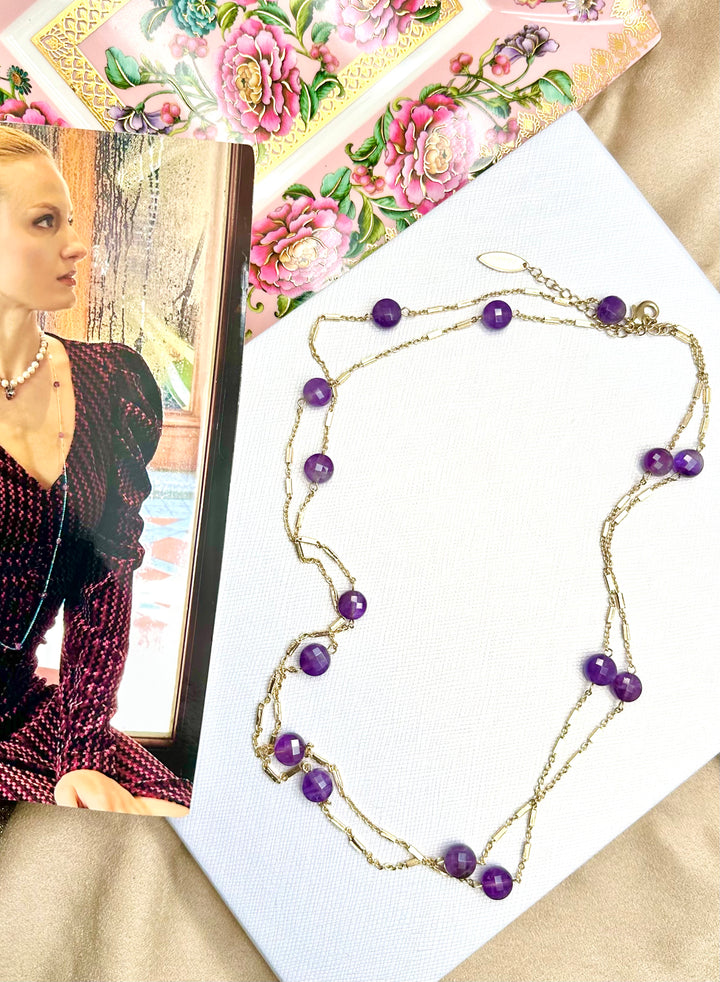 Amethyst Stones Long Chain Necklace KN041 - FARRA